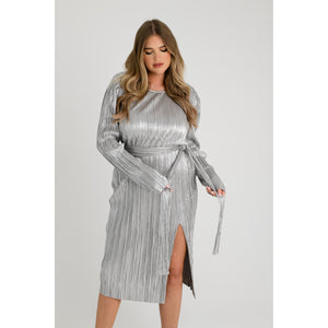 Silver Plisse Midi Dress