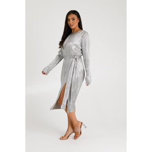 Silver Plisse Midi Dress